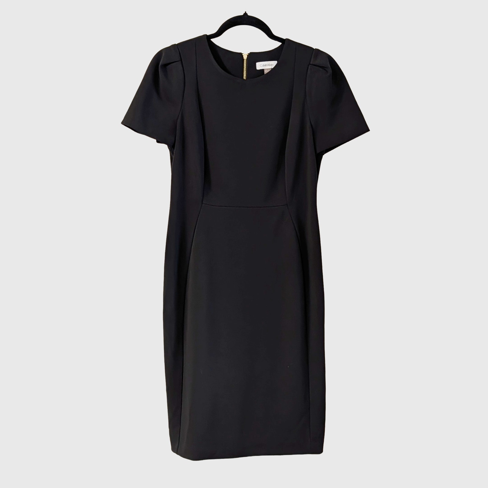 Calvin Klein Black Sheath Midi Dress 10 Gold Zip Career Office Work Minimalist